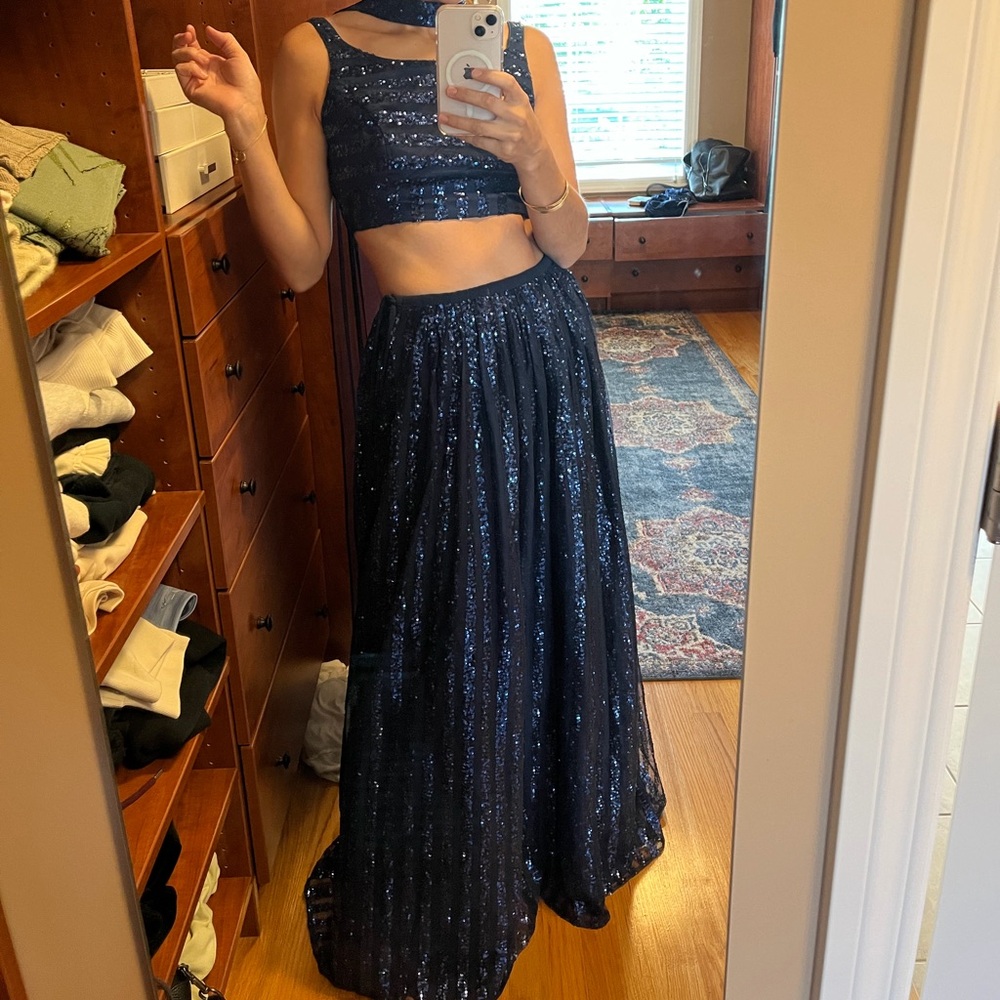 Indya Luxe Navy Blue Sequin Skirt & Top Set